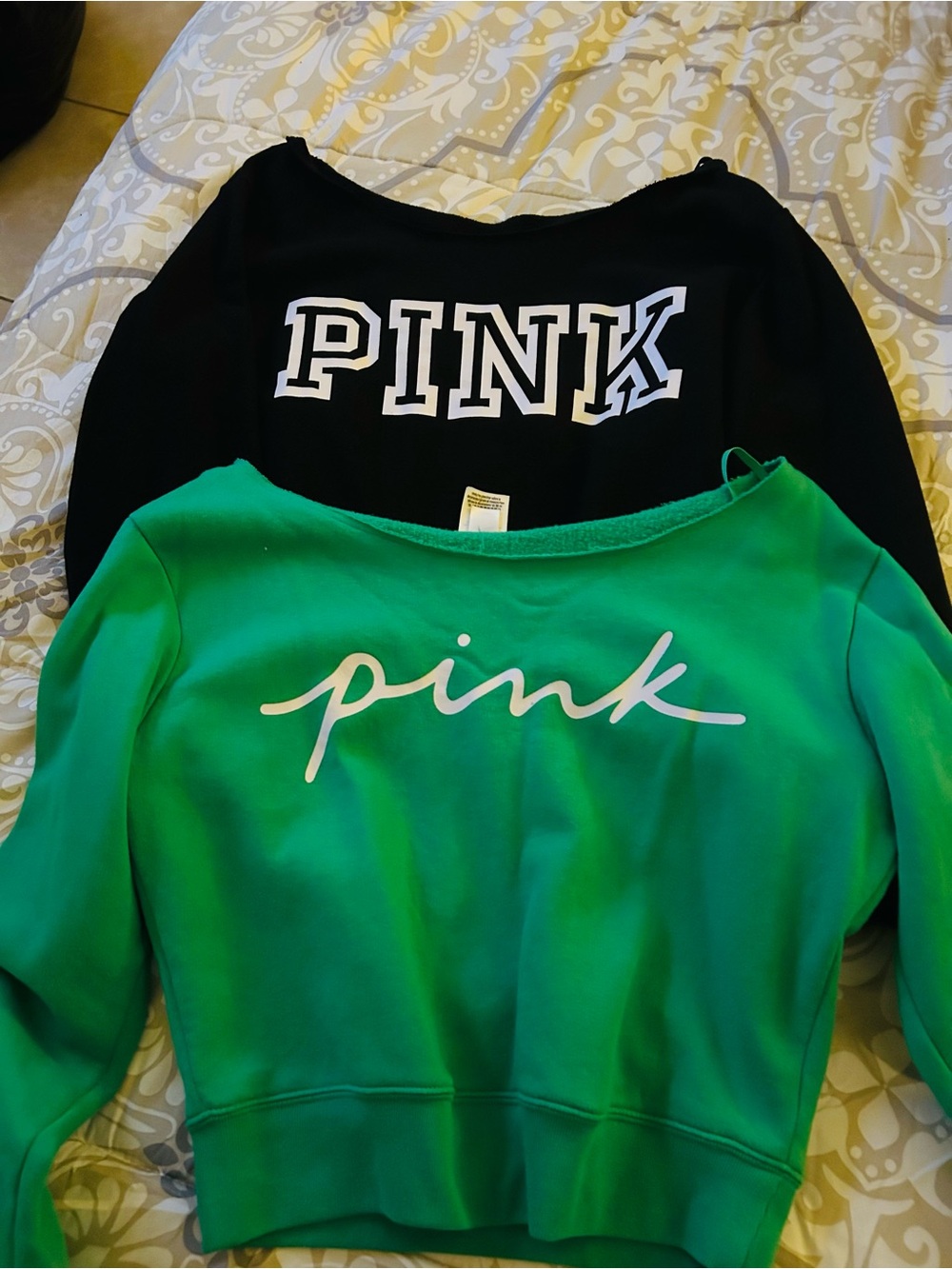 PINK Victoria's Secret buBlack no size & Green Logo Sweatshirts off the shoulde